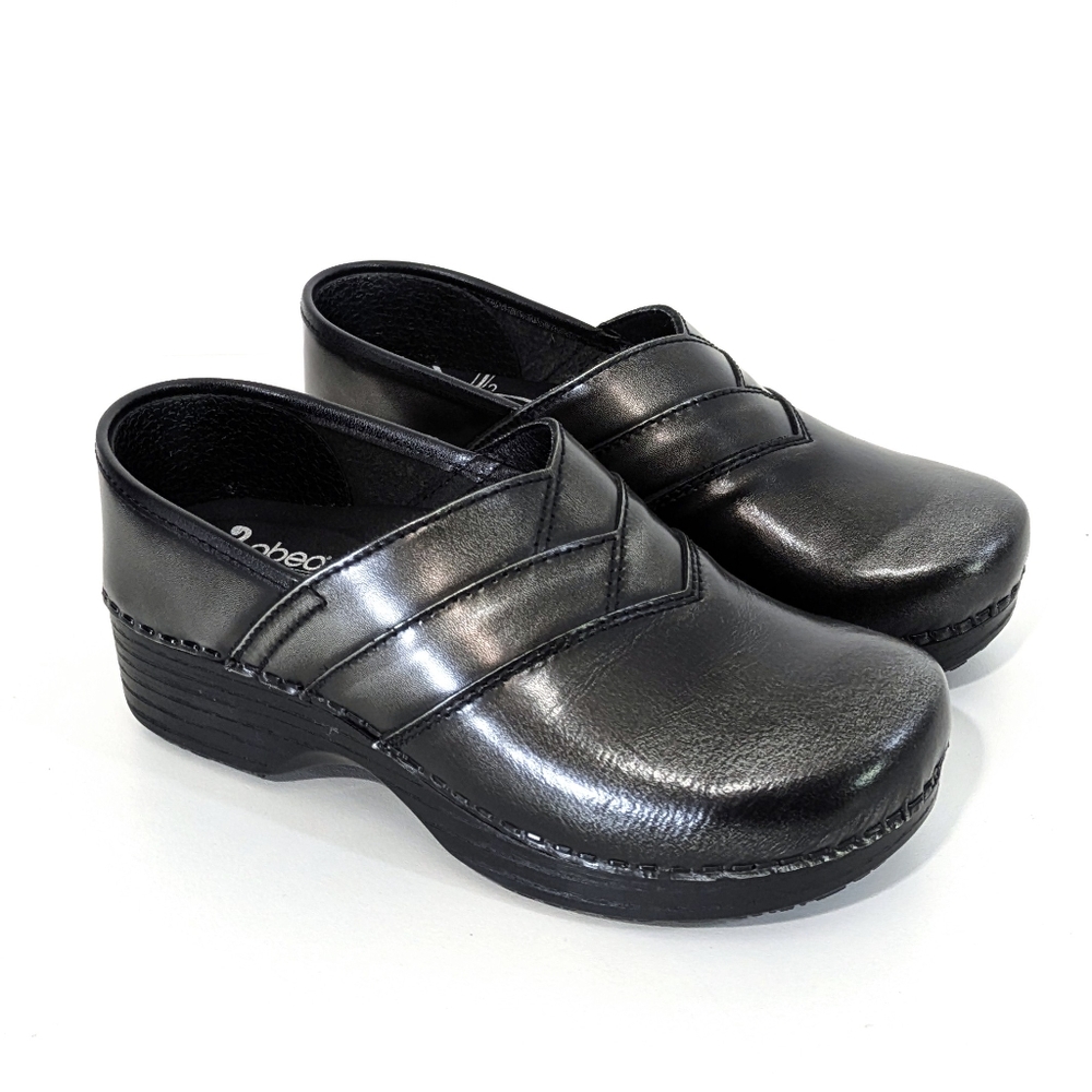 Abeo Pewter Clogs - Size 6.5 Womens - Nursing Shoes - Black & Silver Metallic - Picture 2 of 8